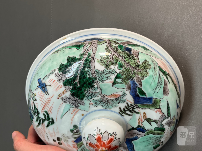 清康熙  五彩通景山水人物图盖罐 - 图22